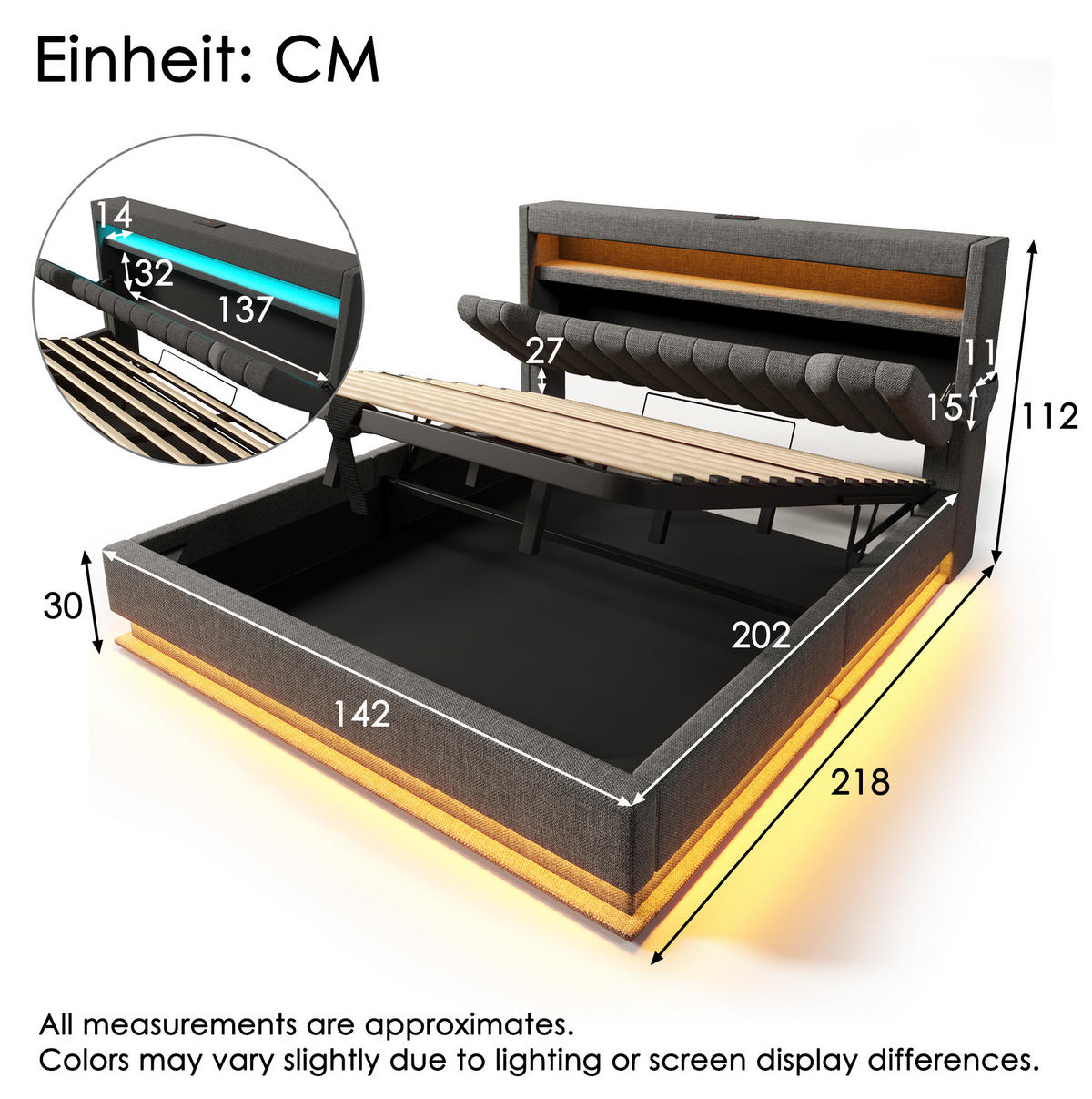 POLSTERBETT 140/200 cm mit LED, USB- und Type-C-Anschluss, Stauraum-Kopfteil und hydraulischem Bettkasten, Leinen, Grau - Grau, Textil (140/200cm) - Redom