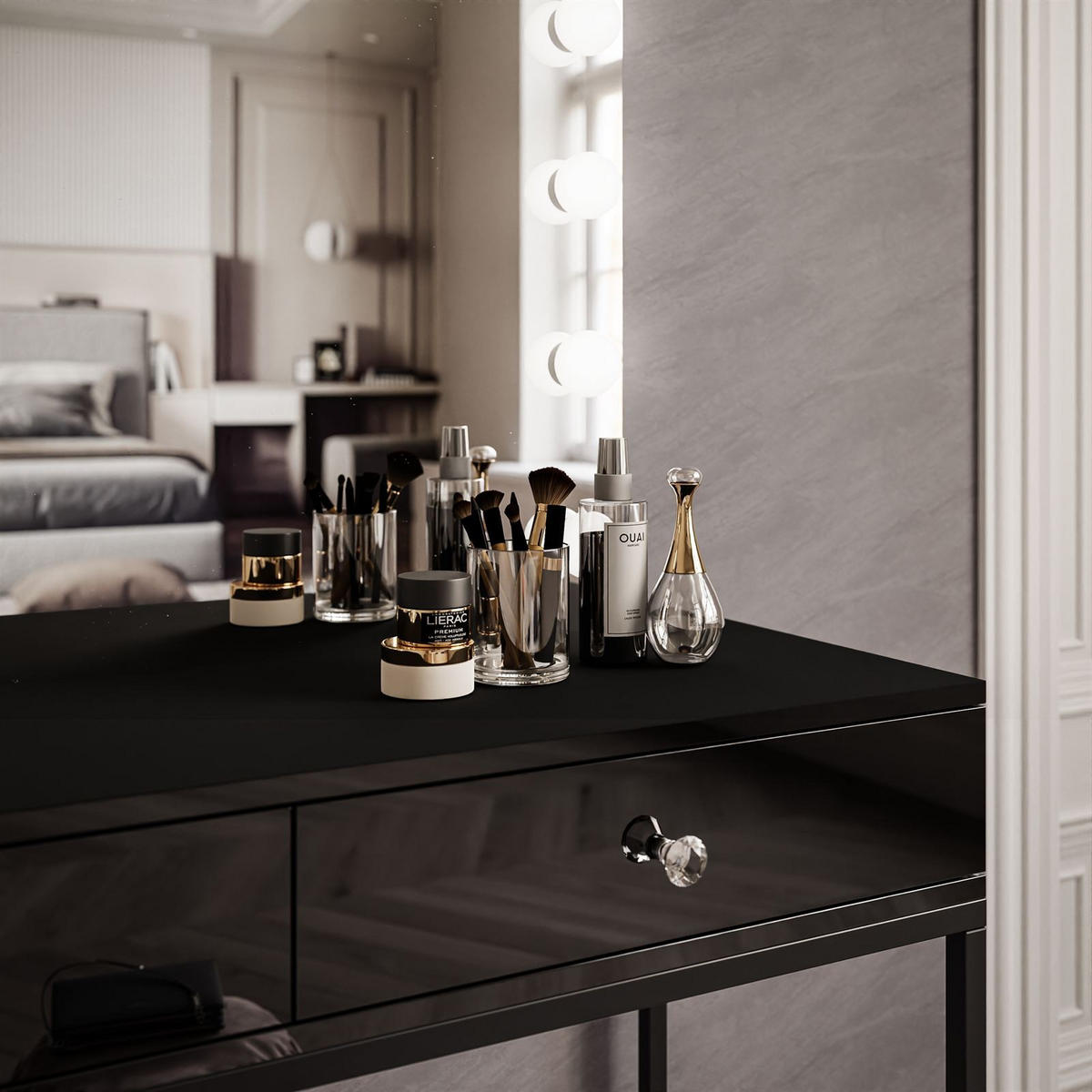 SCHMINKTISCH BLANCO LOFT ELITE mit Spiegel und Beleuchtung Schwarz Hochglanz Kristallgriff - Schwarz Hochglanz/Schwarz, Holzwerkstoff (100/146/42cm) - Lookway