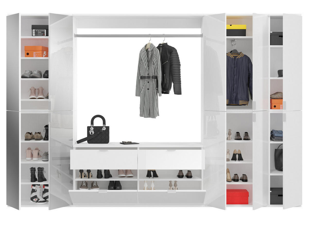 GARDEROBEN-SET weiß Hochglanz 273 cm viel Stauraum, Flurgarderobe mit Spiegeltür - Chromfarben/Weiß Hochglanz, Glas/Holzwerkstoff (273/193/34cm) - Inn.Furn
