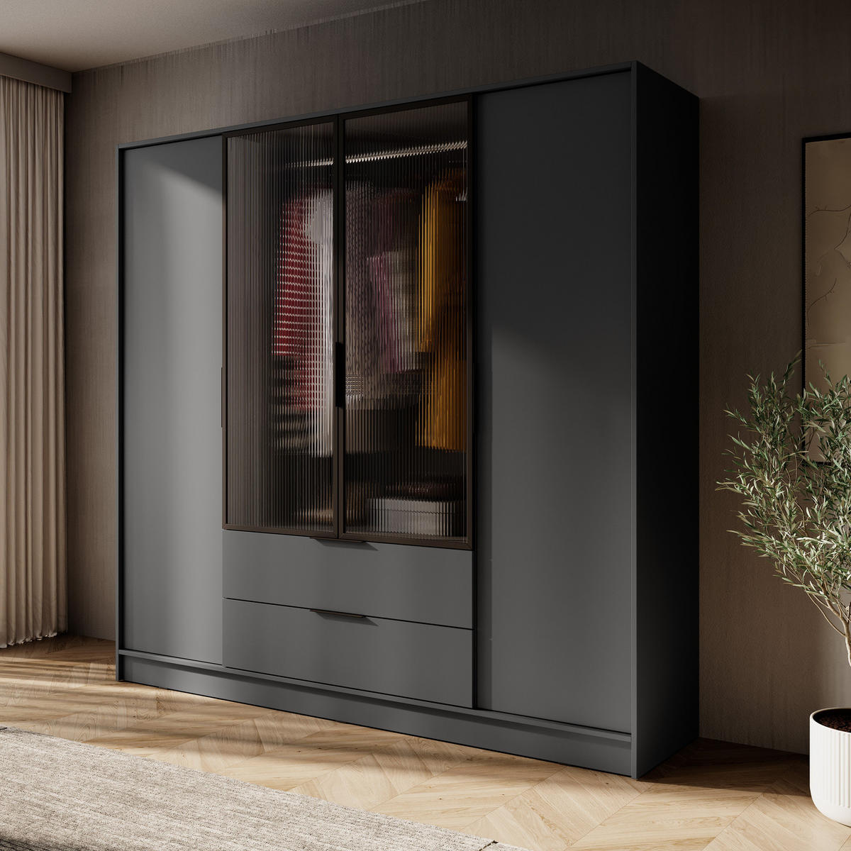 KLEIDERSCHRANK RICADI 4D RM (Graphit, Riffelglas, 4 Türen, 2 Schubladen, Kunststoffgriffe) - Schwarz/Graphitfarben, Holz/Holzwerkstoff (206/200/51cm) - Ravio