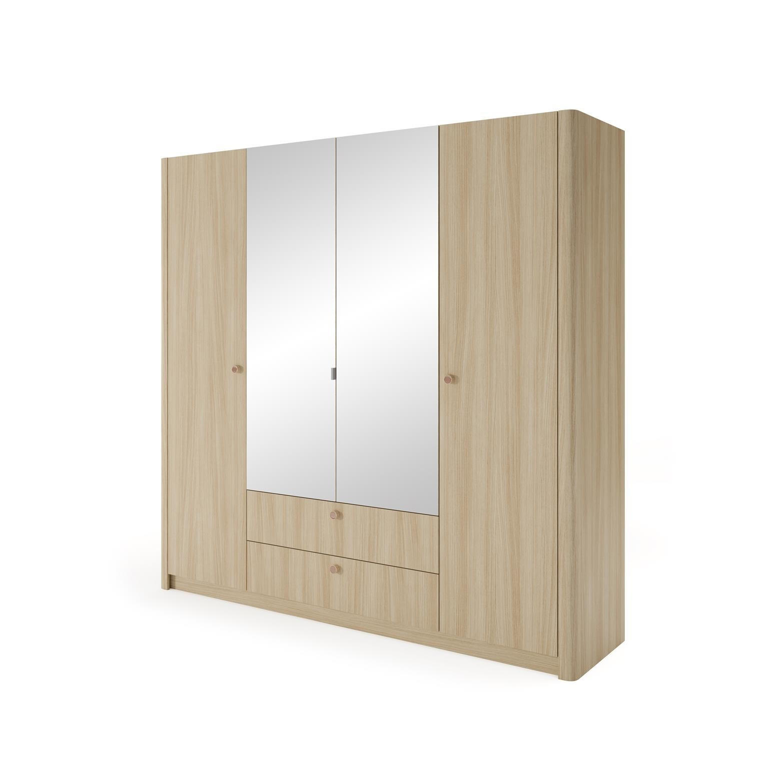 KLEIDERSCHRANK Mila Hellbraun, Viertürig mit Spiegel - Hellbraun, Holzwerkstoff (213/208/55cm) - Bettso