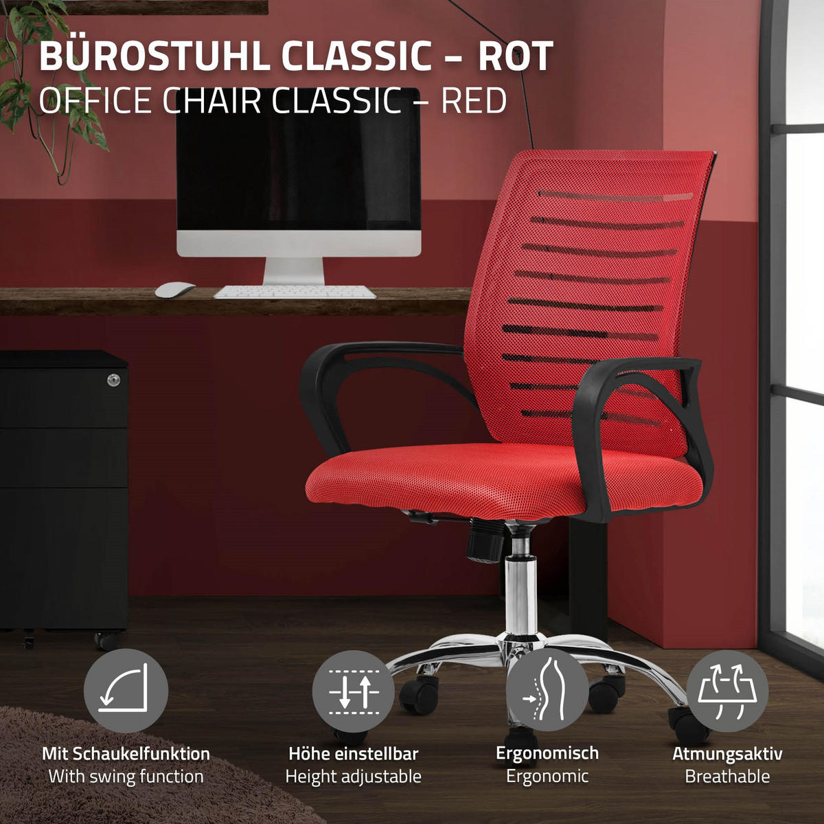 SCHREIBTISCHSTUHL Classic rot - Rot, Metall (54/99/59cm) - ML-DESIGN