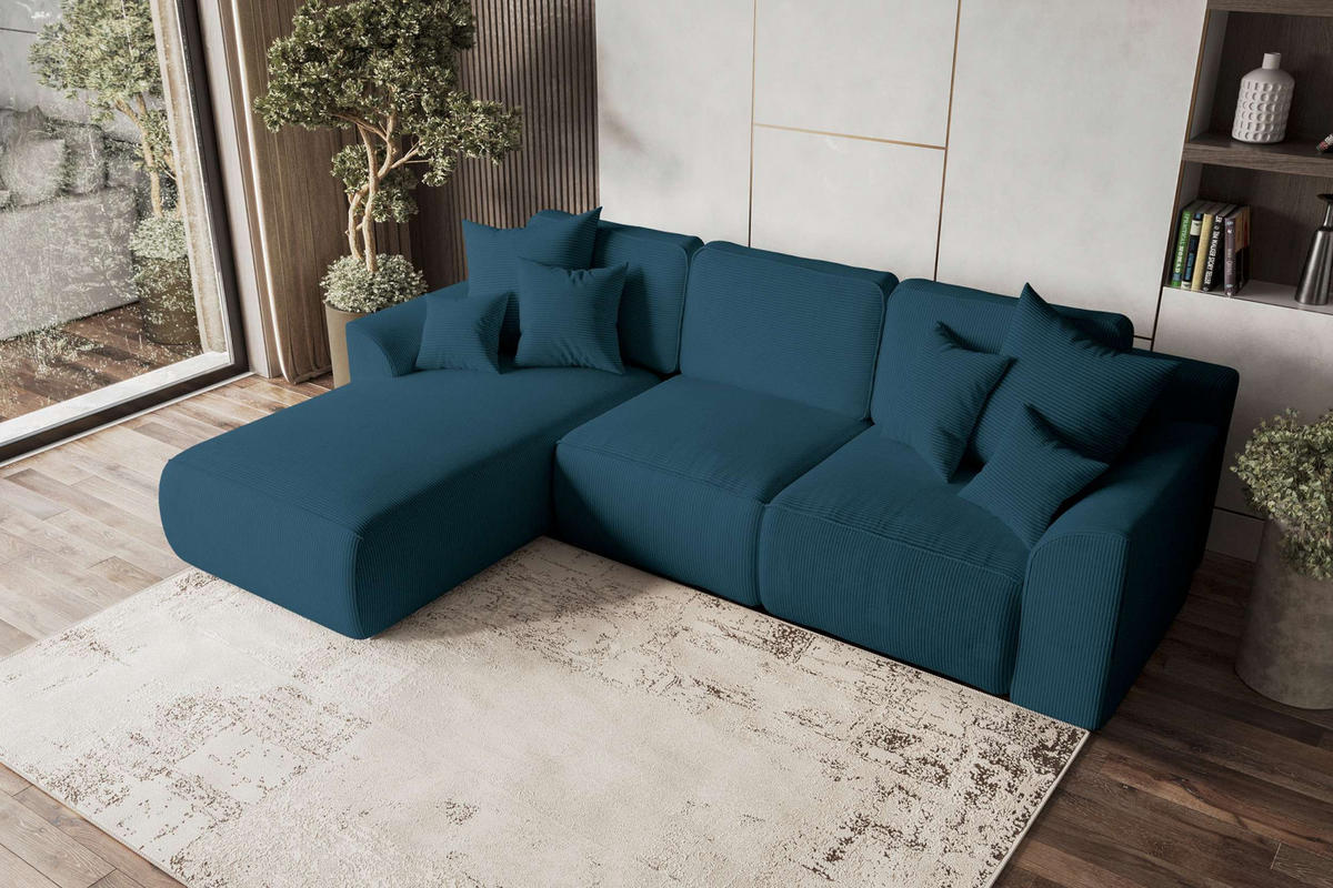 ECKSOFA GUSTO Cordstoff Blau Links inkl. Schlaffunktion - Blau/Chromfarben, Kunststoff/Textil (295/194cm) - 99rooms