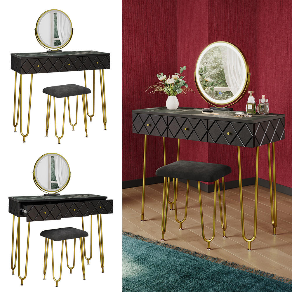 SCHMINKTISCH Mirabell Schwarz 100 cm mit LED Spiegel und Hocker - Schwarz, Holzwerkstoff (100/79.5/40cm) - Vicco