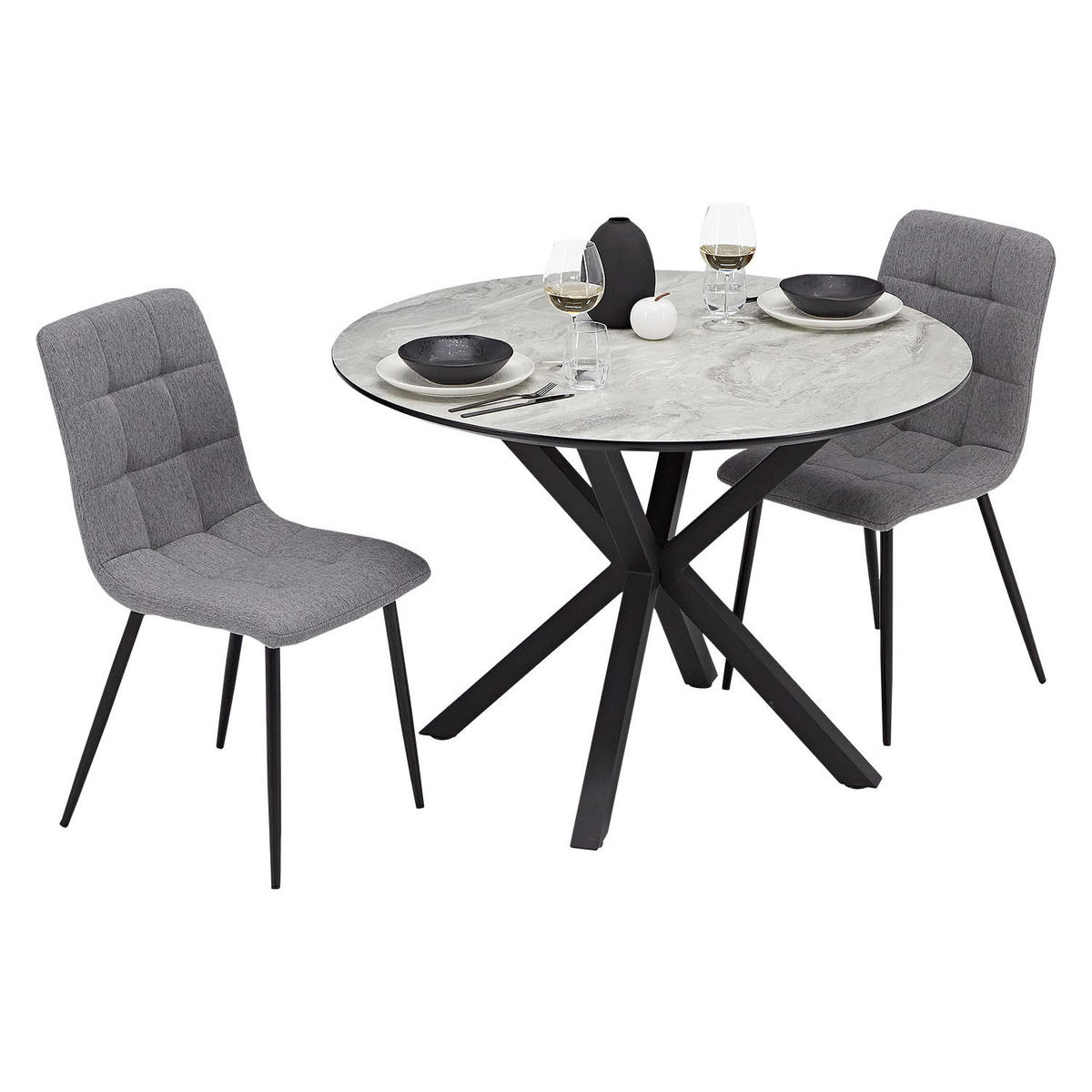 TISCHGRUPPE rund grau schwarz mit 2 Stühle Grau - Schwarz/Grau, Textil/Metall (110/77/110cm) - Homestyle4u