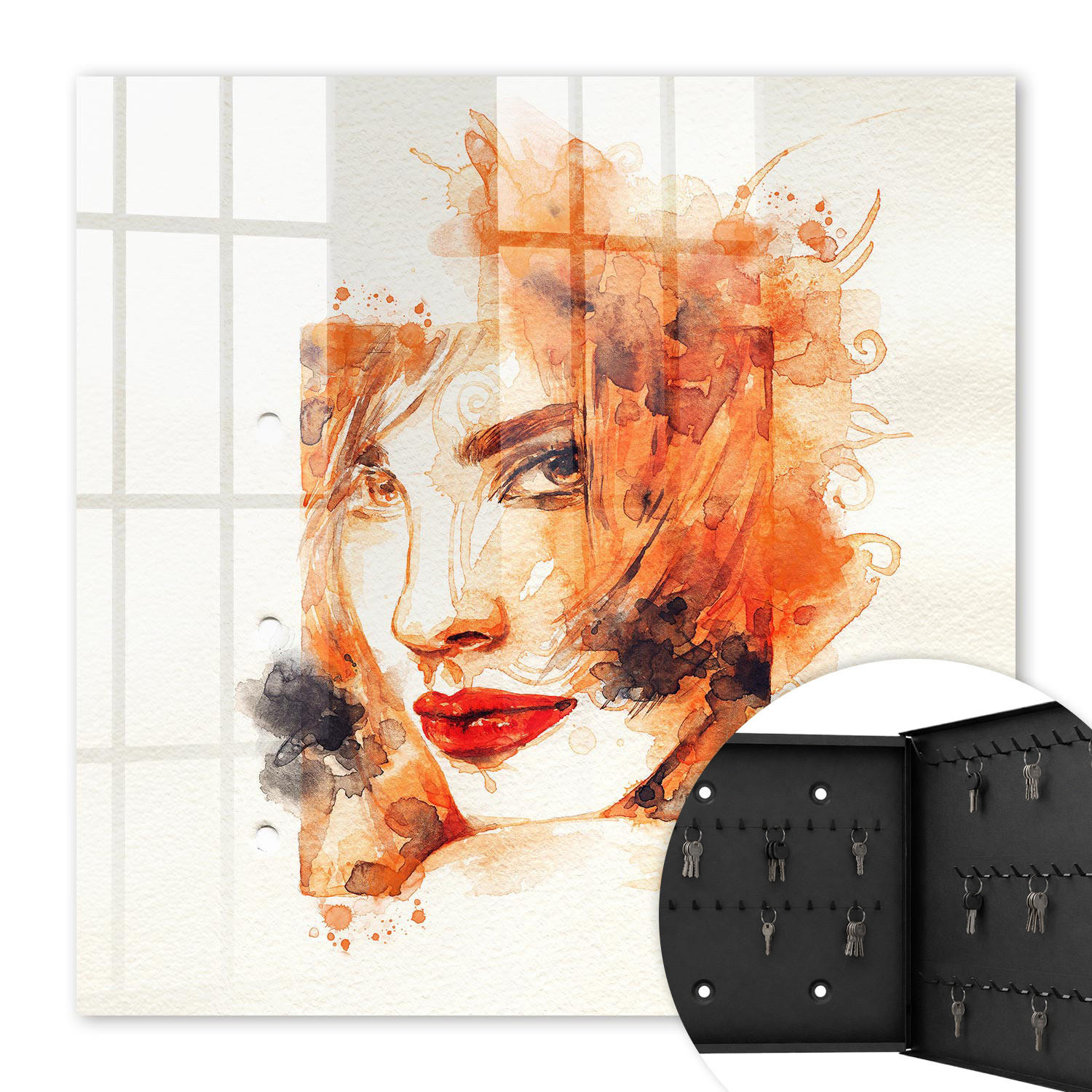 SCHLÜSSELBOX Schwarz 30x30 cm- Türöffnung nach rechts - Feminine Aquarellmalerei - Orange, Metall (30/30/5cm) - TULUP