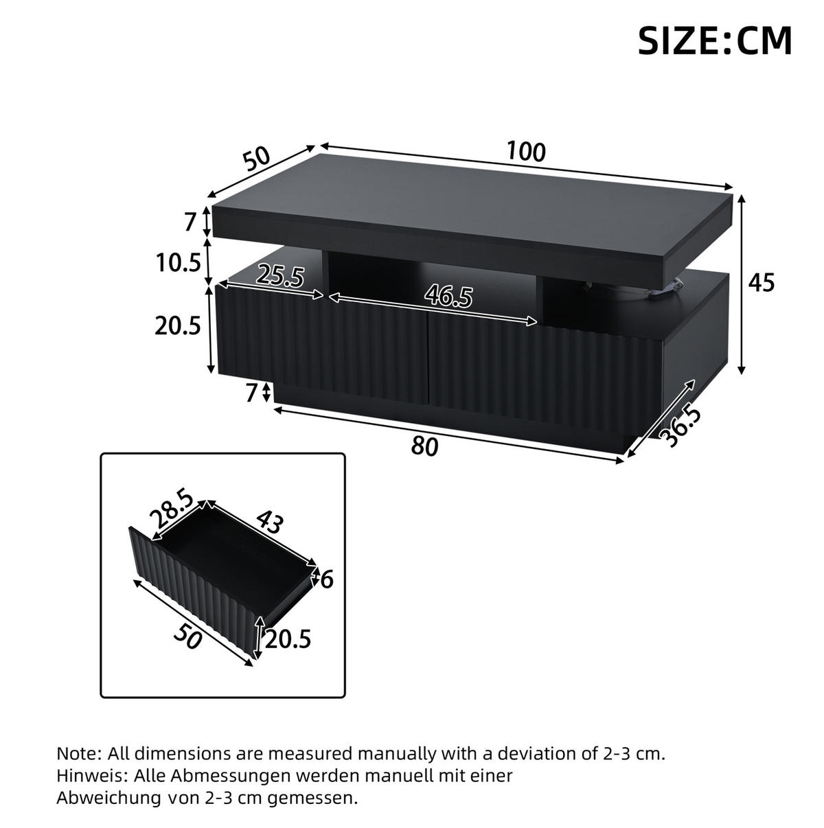 COUCHTISCH 100/50/45 cm mit 2 Schubladen, LED-Beleuchtung und offenem Fach, aus Spanplatte, Schwarz - Schwarz, Holzwerkstoff (100/50/45cm) - Redom