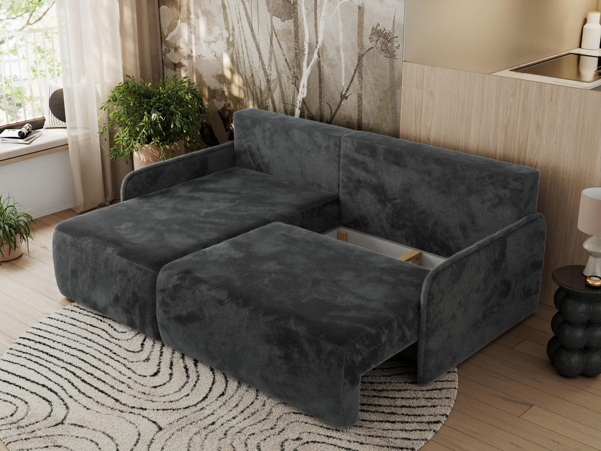 ECKSCHLAFSOFA ARPA L Dunkelgrau Plüsch - links - Dunkelgrau/Schwarz, Kunststoff/Textil (198/150cm) - MKS