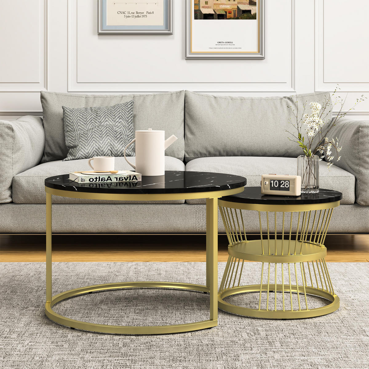 COUCHTISCH 2er Set Beistelltisch Rund, Schwarz - Schwarz, Metall (70/70/45.5cm)