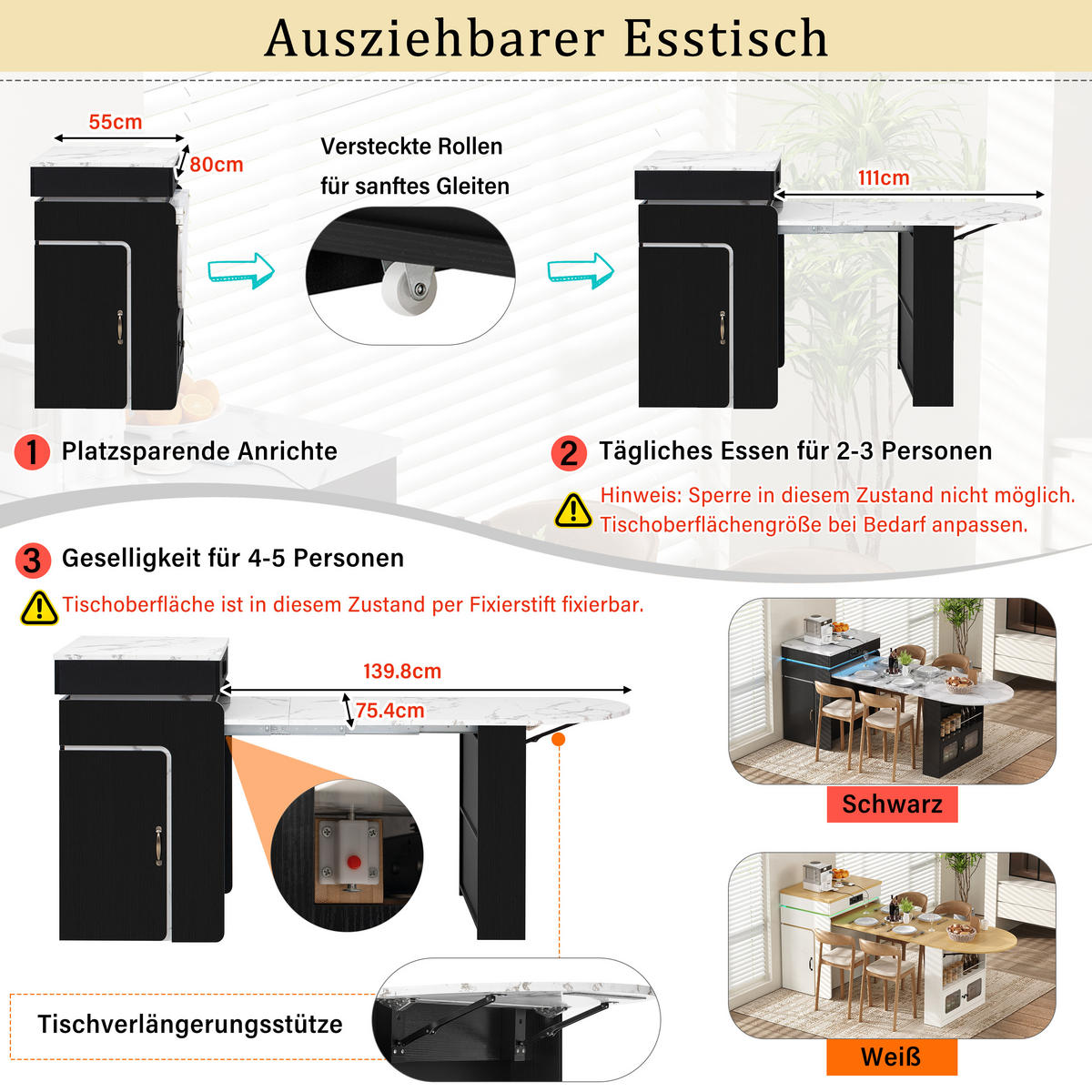 KÜCHENINSEL ausziehbar 55-194/80/95,5 cm mit LED DE-39581 Schwarz - Schwarz, Holzwerkstoff (80/95.5/55cm) - ComfortXL