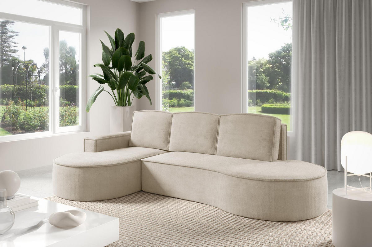 ECKSOFA Flow Hellbeige, mit Schlaffunktion und Kissen in Curio Stoff, linke seite - Creme, Holzwerkstoff/Textil (277/157cm) - Bettso