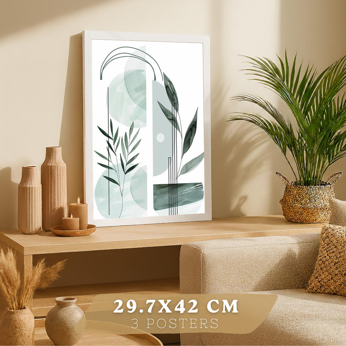 PLAKAT Sada 3 dekorativních nástěnných tisků, zelené rostliny, pro moderní dekoraci obývacího pokoje Bílý rám A3 - bílá, papír (29.7/42/3cm) - Nacnic