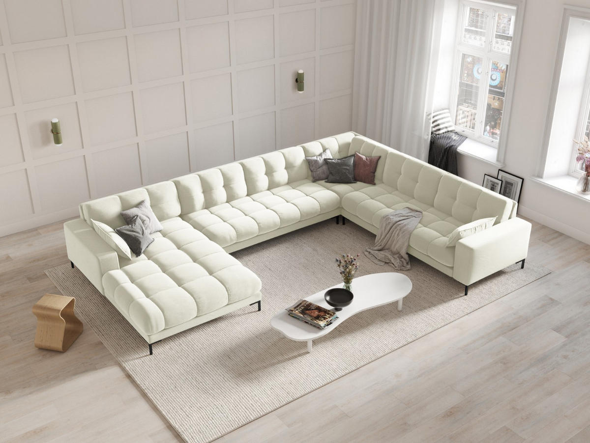 PANORAMASOFA rechts Mamaia aus Samt leichtes beige 7 Sitzplätze - Creme, Textil (256/75/327cm) - Micadoni