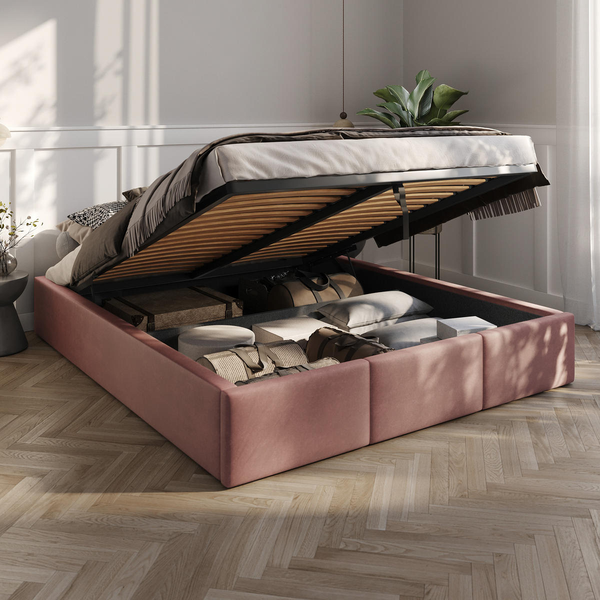 POLSTERBETT für Schlafzimmer Bett mit Stauraum Altrosa 160x200cm - Altrosa, Holzwerkstoff/Textil - Muralo