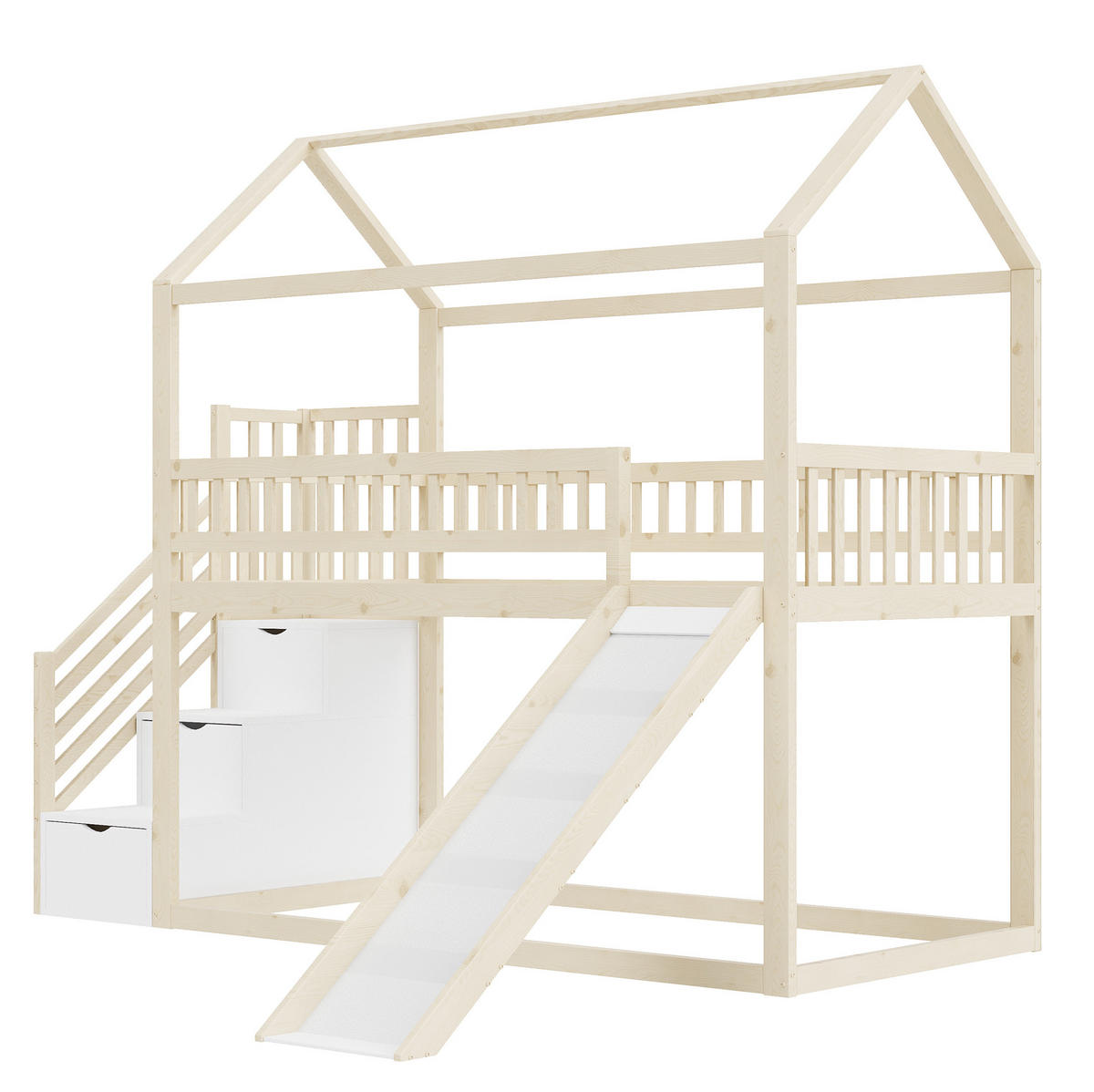 KINDERHOCHBETT aus Holz 90x200 cm Naturholz mit Rutsche und Aufbewahrungsleiter - Weiß, Holz (90/200cm) - IVMEU
