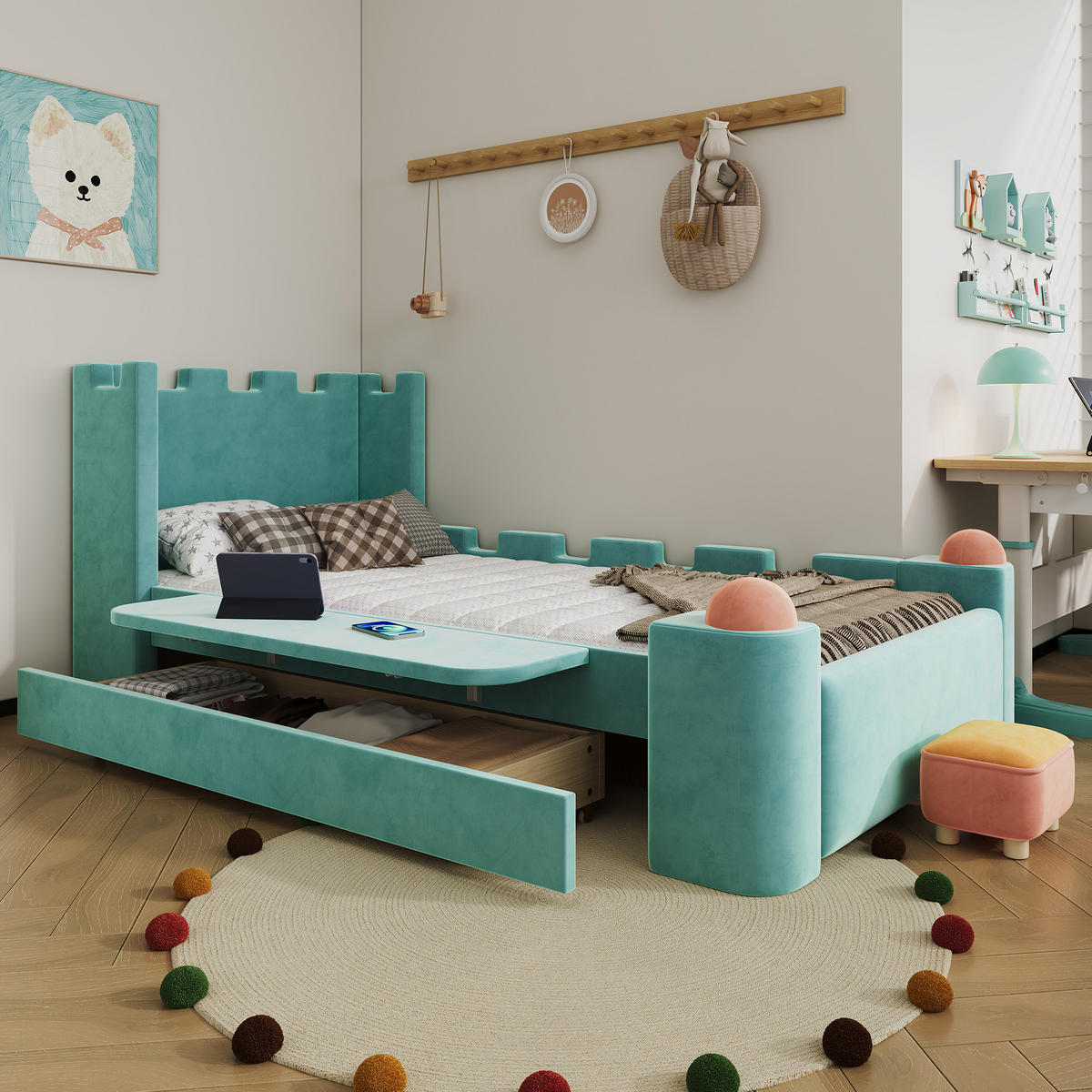 BETT mit Schublade und Ablage 90x200 cm Blaugrün - Blau, Holz (90/200cm) - Meubliv