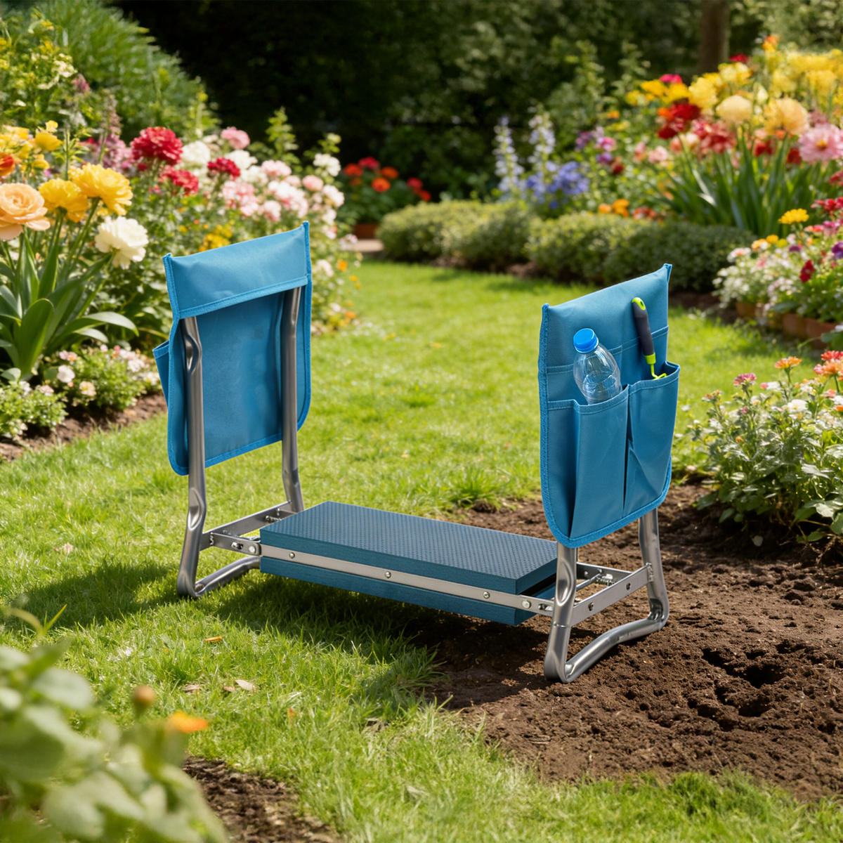 KNIEBANK - Blau, Textil/Metall (60/50/27.5cm) - Relaxdays