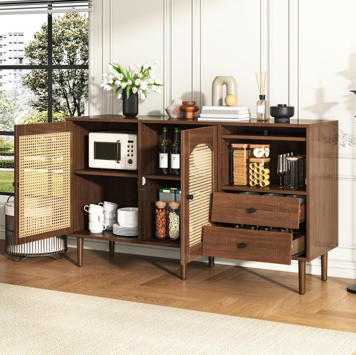 SIDEBOARD 130/40/75,5 cm in Holzfarbe mit Rattantüren und verstellbaren Böden - Eichefarben, Holzwerkstoff (130/75.5/40cm) - Flora Grace