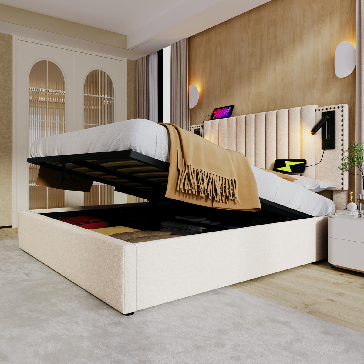 POLSTERBETT 140/200 cm mit Matratze, USB-Typ-C, Leselicht, Bettkasten und verstellbarem Kopfteil, Beige - Beige, Textil (140/200cm) - Redom