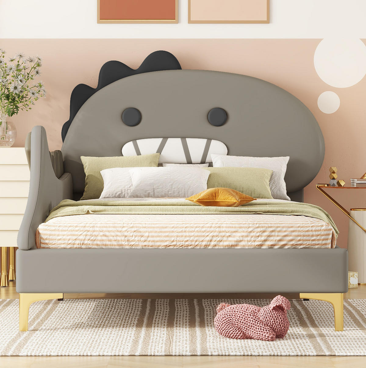 KINDERBETT 90/200 cm aus PU und MDF mit Dino-Kopfteil Grau - Grau, Kunststoff (90/200cm) - Modenvie