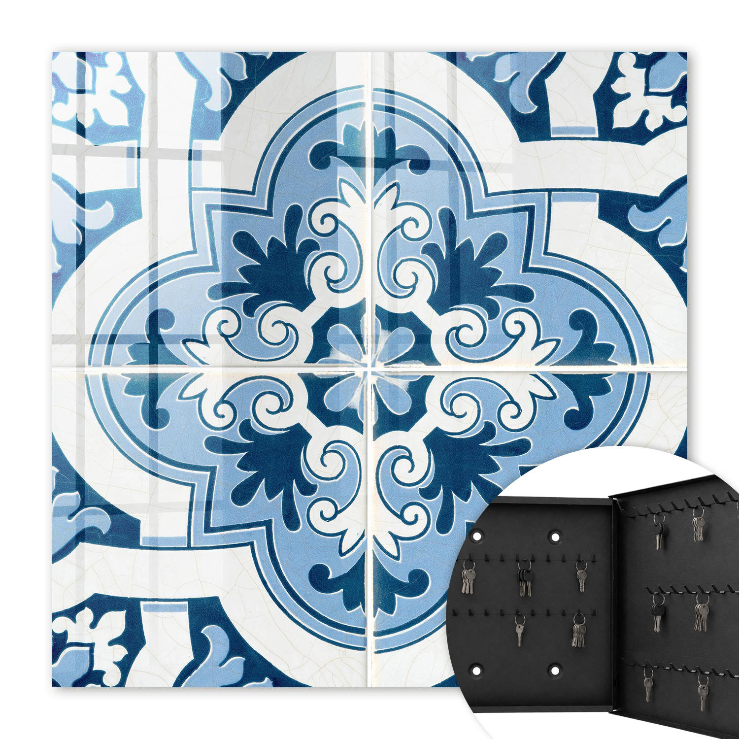 SCHLÜSSELBOX Schwarz 30x30 cm- Türöffnung nach rechts - Blaue Fliesen - Blau, Metall (30/30/5cm) - TULUP