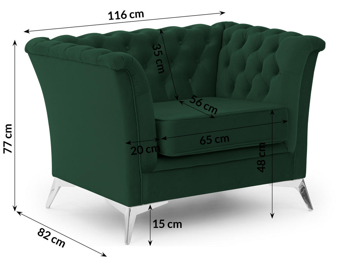 CHESTERFIELD-SESSEL Whitby Flaschengrün Samt mit silbernen Füßen - Dunkelgrün/Silberfarben, Holz/Textil (116/78/82cm) - S-Style Möbel