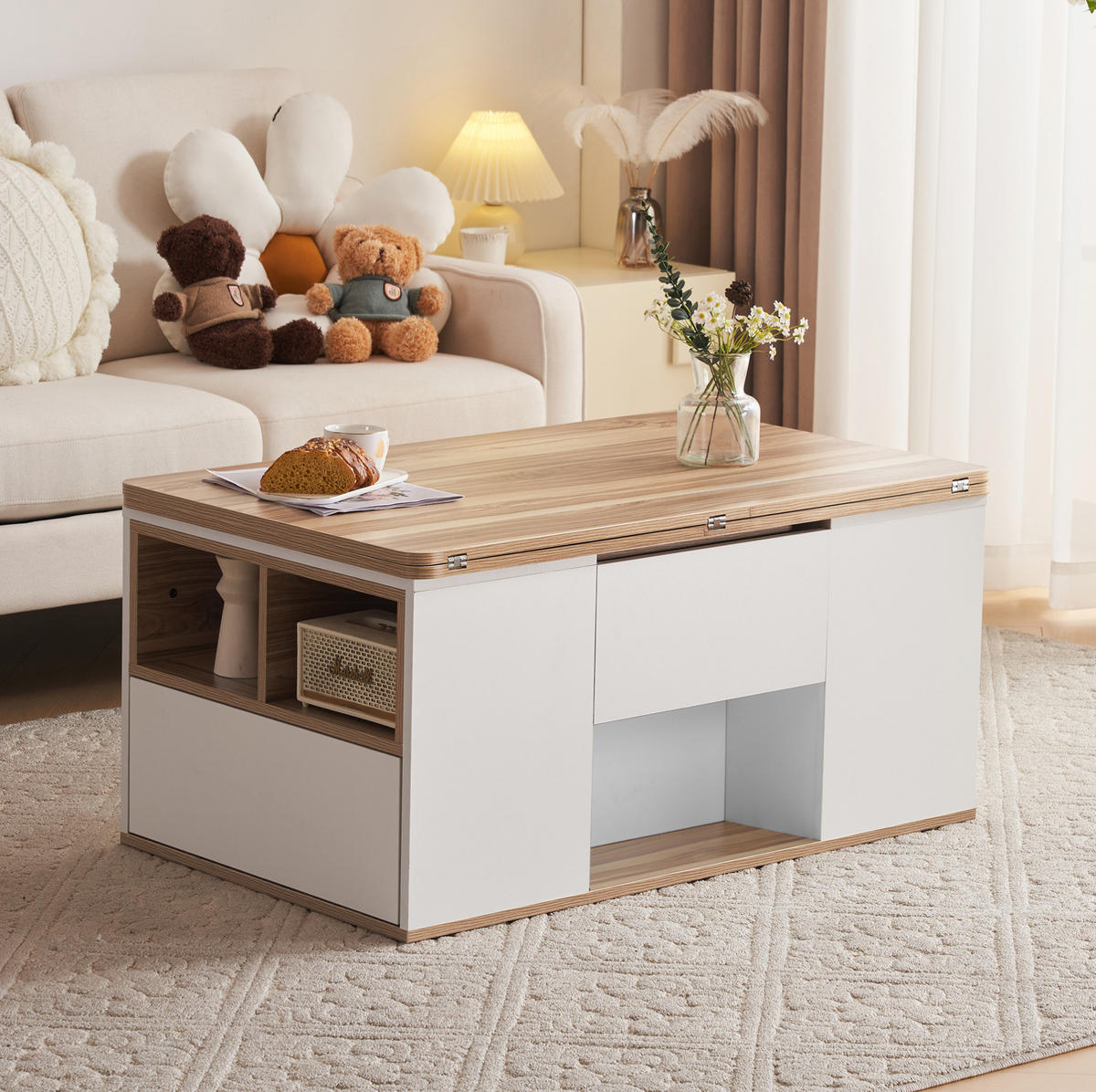 COUCHTISCH höhenverstellbar 100 x 51 cm Weiß mit Stauraum - Weiß, Holzwerkstoff (100/51/47cm) - Meubliv
