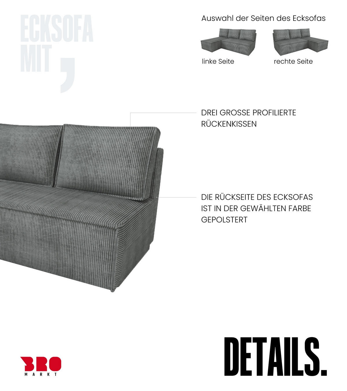 ECKSOFA Hector mit Schlaffunktion Grau Cord - Grau, Textil (200/141cm) - Bromarkt