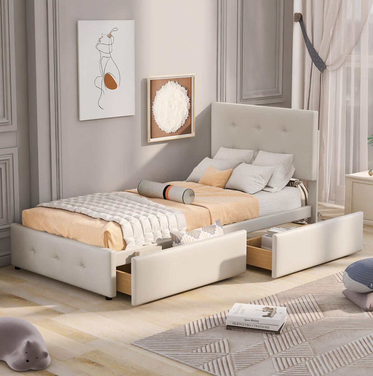 POLSTERBETT 90/200 cm Beige aus Samt mit Schublade und Lattenrost - Beige, Textil (90/200cm) - Flora Grace