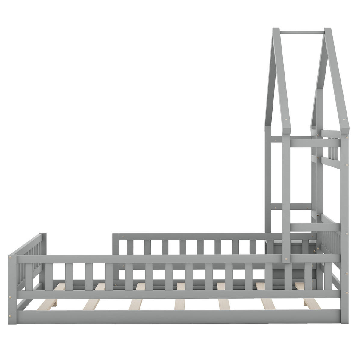 POSTELJA v obliki hiše 140/200 cm siva iz bora z ograjo in nočno omarico - siva, les (140/200cm) - OKWISH