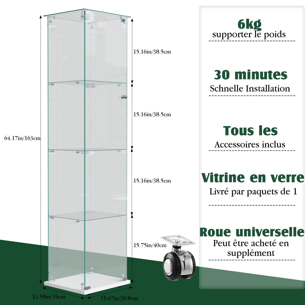 VITRINE 163x40x35 cm, LED, Schloss, Glasböden, Weiß - Weiß, Holz (40/163/35cm)