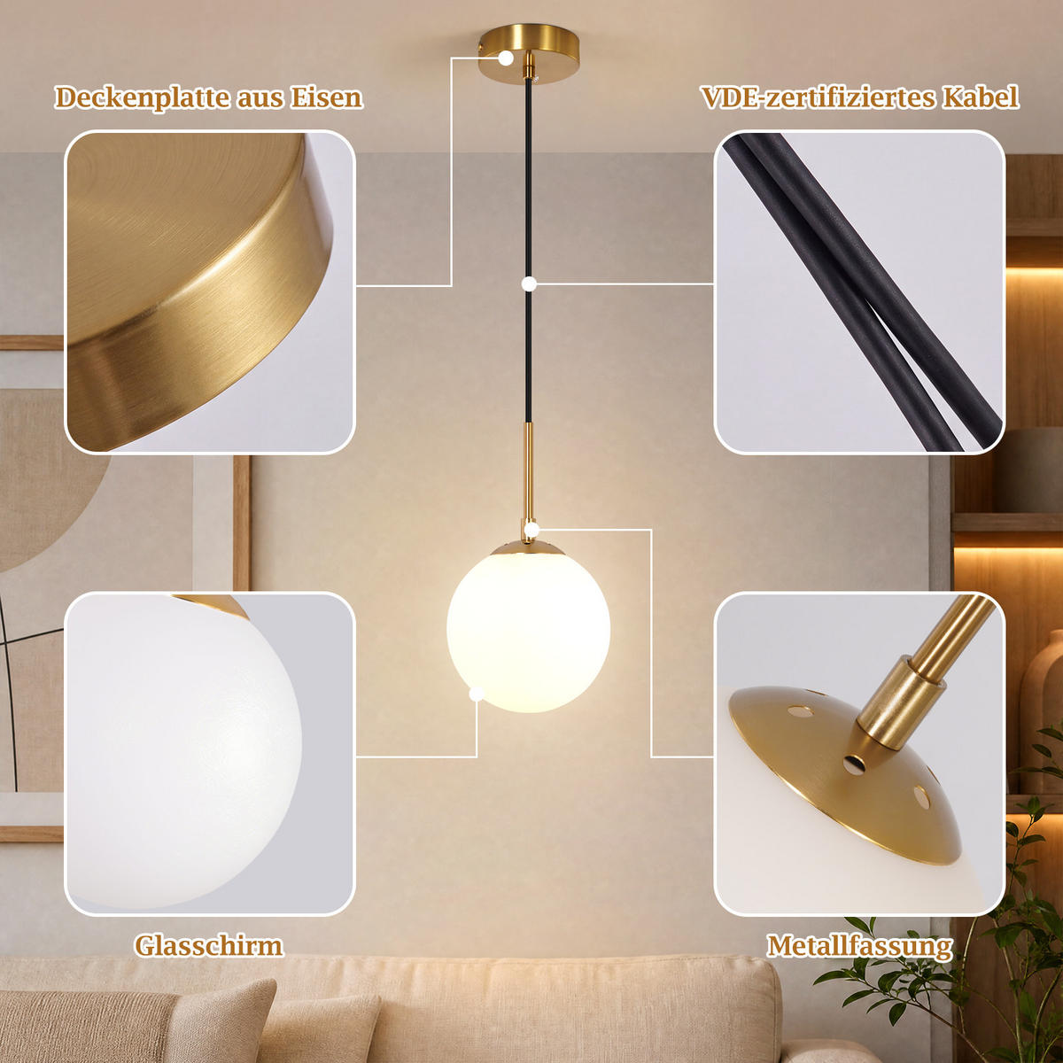 PENDELLEUCHTE Myrith 15/15/150 cm - Goldfarben/Weiß, Glas/Metall (15/15/150cm) - ZMH