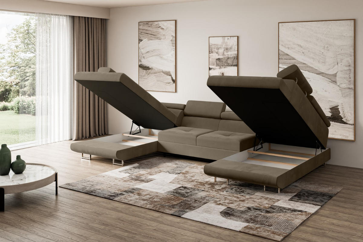 WOHNLANDSCHAFT mit Schlaffunktion und Bettkasten GUSA-U 342x202x107 cm Braun Velours - Silberfarben/Braun, Holzwerkstoff/Textil (342/107/202cm) - ALTDECOR