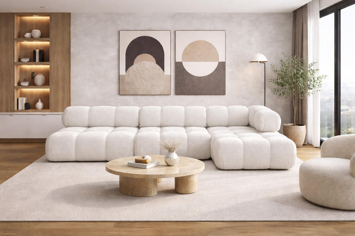 ECKSOFA L-Form Modulare, Bouclé-Stoff Abriamo, Ecru, Rechts, Selia - Ecru, Holz (285/160cm) - Kaiser Möbel