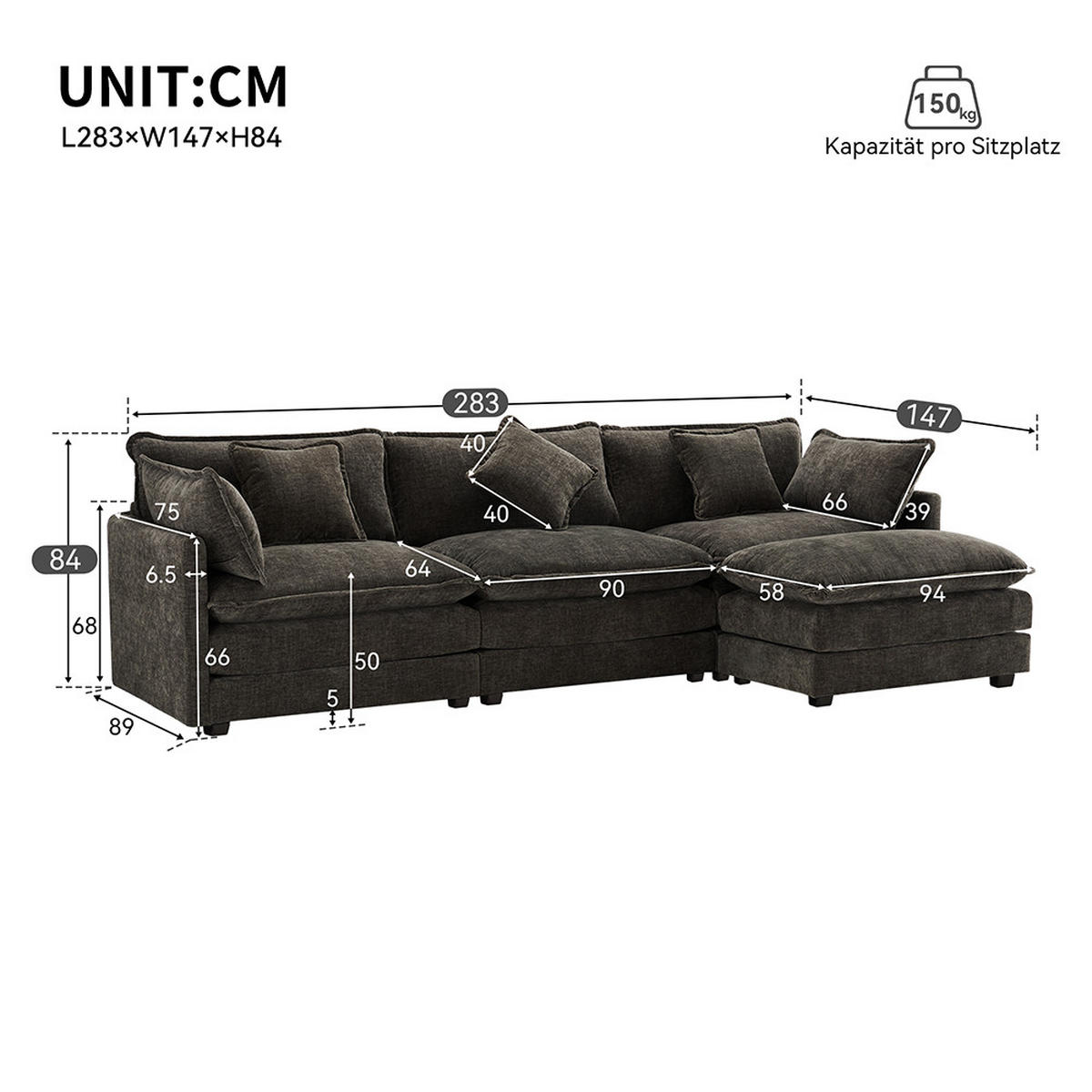 ECKSOFA in Dunkelgrau Chenille-Stoff mit Fußstütze - Dunkelgrau, Kunststoff/Textil (147/283cm) - KOMHTOM