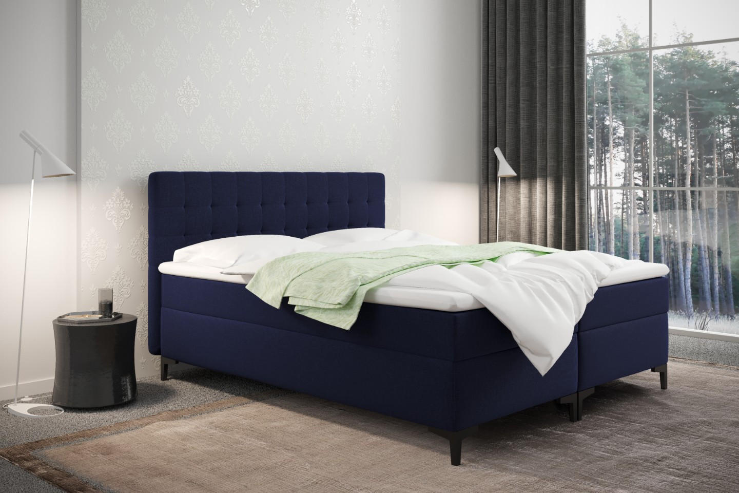 BOXBETT Mit Bettkasten Denver Stoff Muna Marineblau 180x200 cm H3-Bonell - Dunkelblau, Holz (180/200cm) - Kaiser Möbel