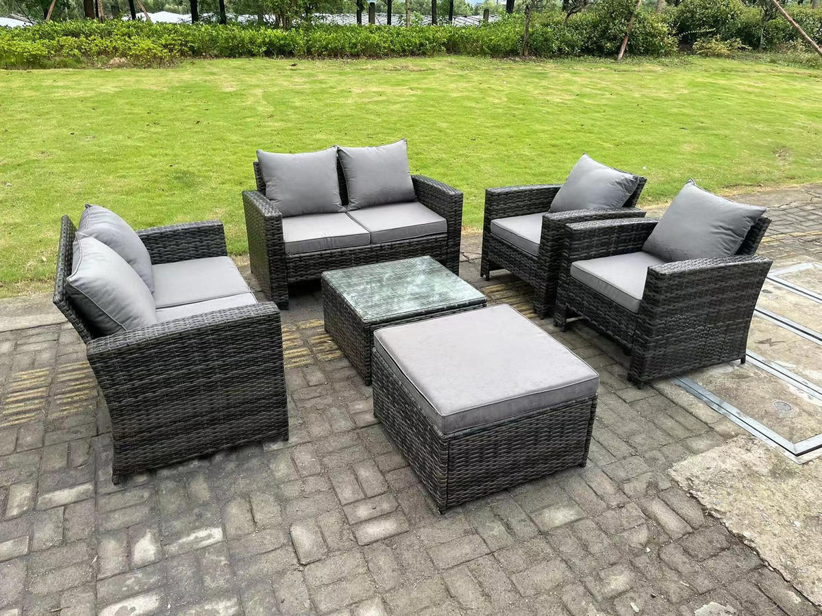 GARTENMÖBEL Set Polyrattan Dunkelgrau 7-Sitzer - Dunkelgrau, Metall - Fimous