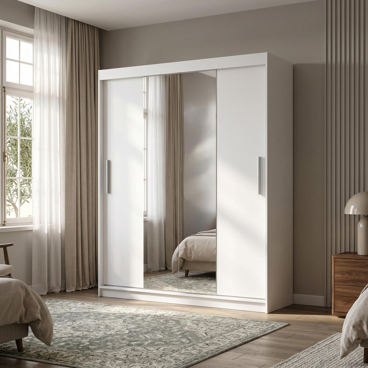SCHWEBETÜRENSCHRANK VIVA 180/215,5/59cm 2-türig mit Spiegel Weiß - Weiß, Holzwerkstoff (180/215.5/59cm) - MASSENO