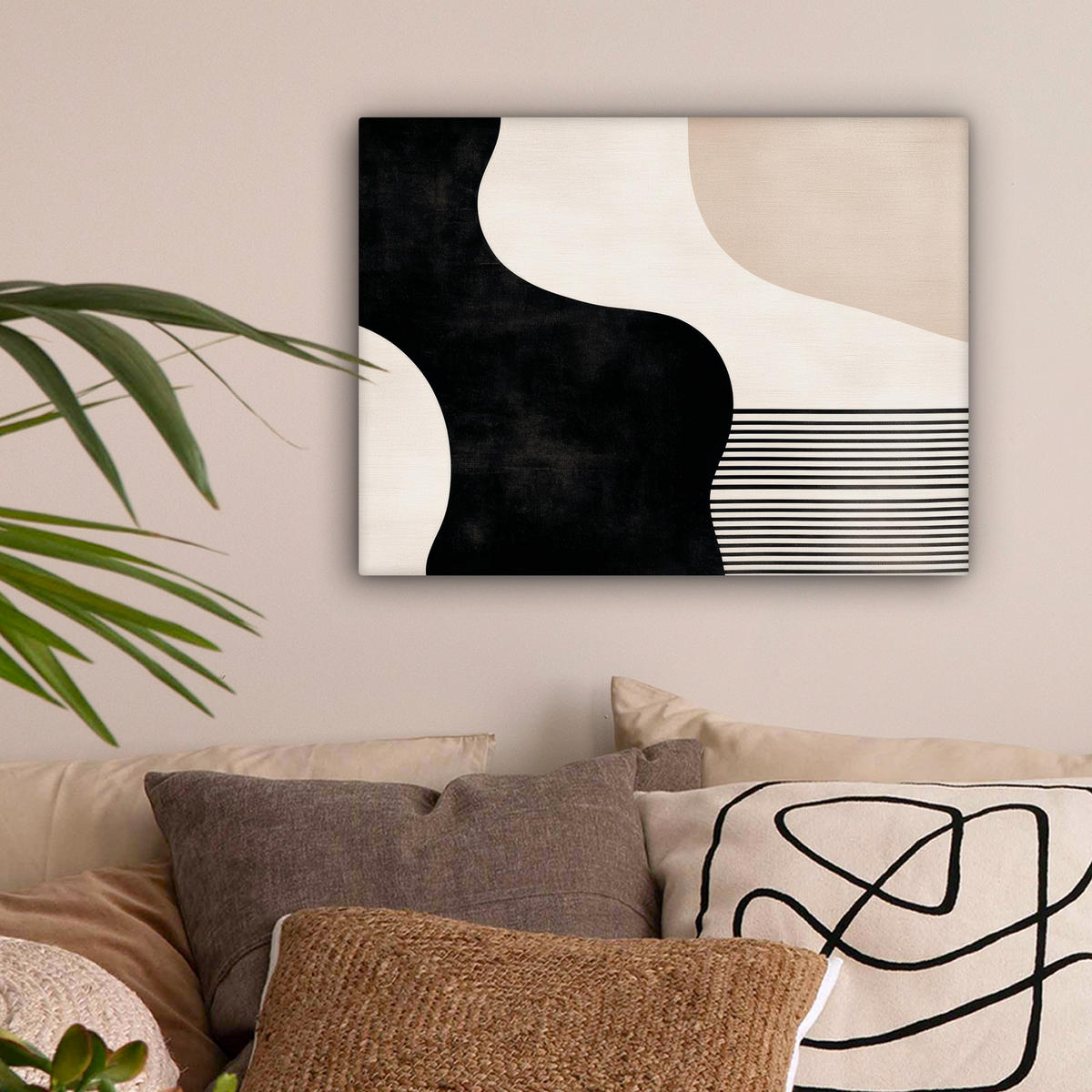 LEINWANDBILD Abstrakt - Japandi - Beige - Modern 40x30 cm - Schwarz, Textil (40/30cm) - MuchoWow