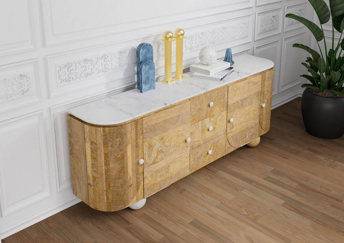 SIDEBOARD Mango 200x40x80 natur lackiert / Marmor weiß FLORENZ #122 - Braun, Holz (200/80/40cm) - Massivmoebel24