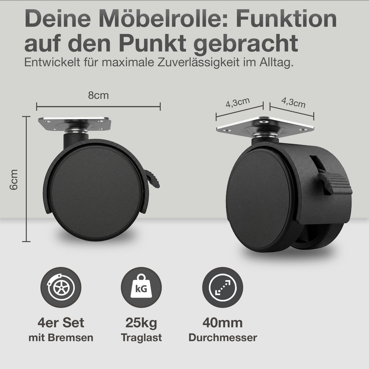 NÁBYTKOVÉ KOLIESKA 40 mm, sada 4 kusov s brzdou - čierna, plast (4/6/8cm) - K-Möbel