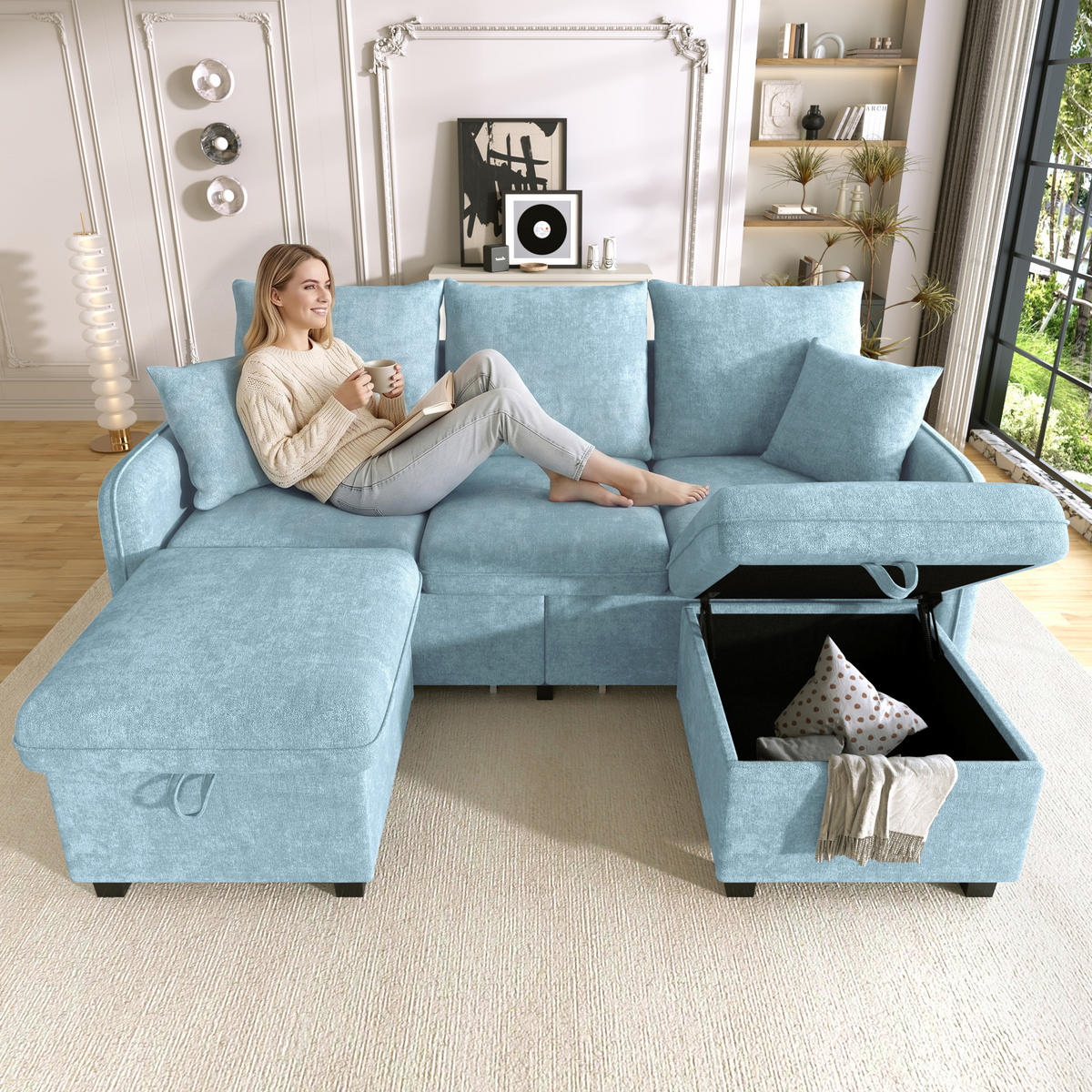 ECKSOFA 4-Sitzer Chenille Blau mit Schlaffunktion, Schubladen, Stauraum und inkl. Hocker - Blau, Holzwerkstoff/Kunststoff (188/186cm) - WISHDOR