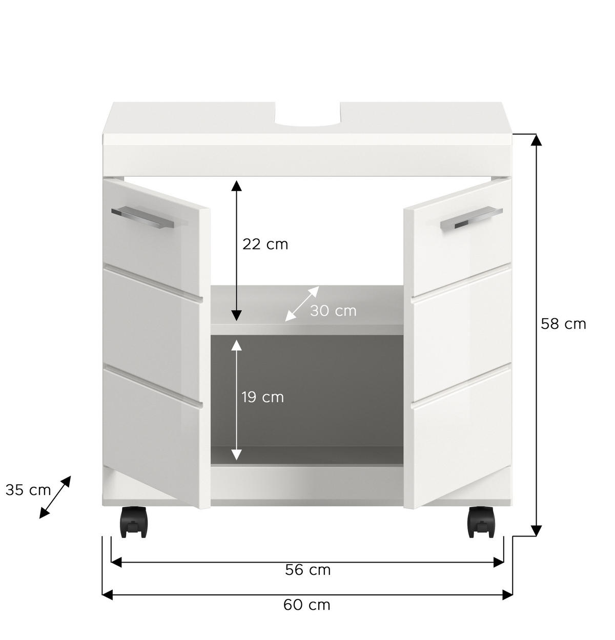 WASCHBECKENUNTERSCHRANK auf Rollen SCOUT (B/H/T: ca. 60/60/34 cm) in Weiß/weiß hochglanz - Weiß, Holzwerkstoff (60/60/34cm)