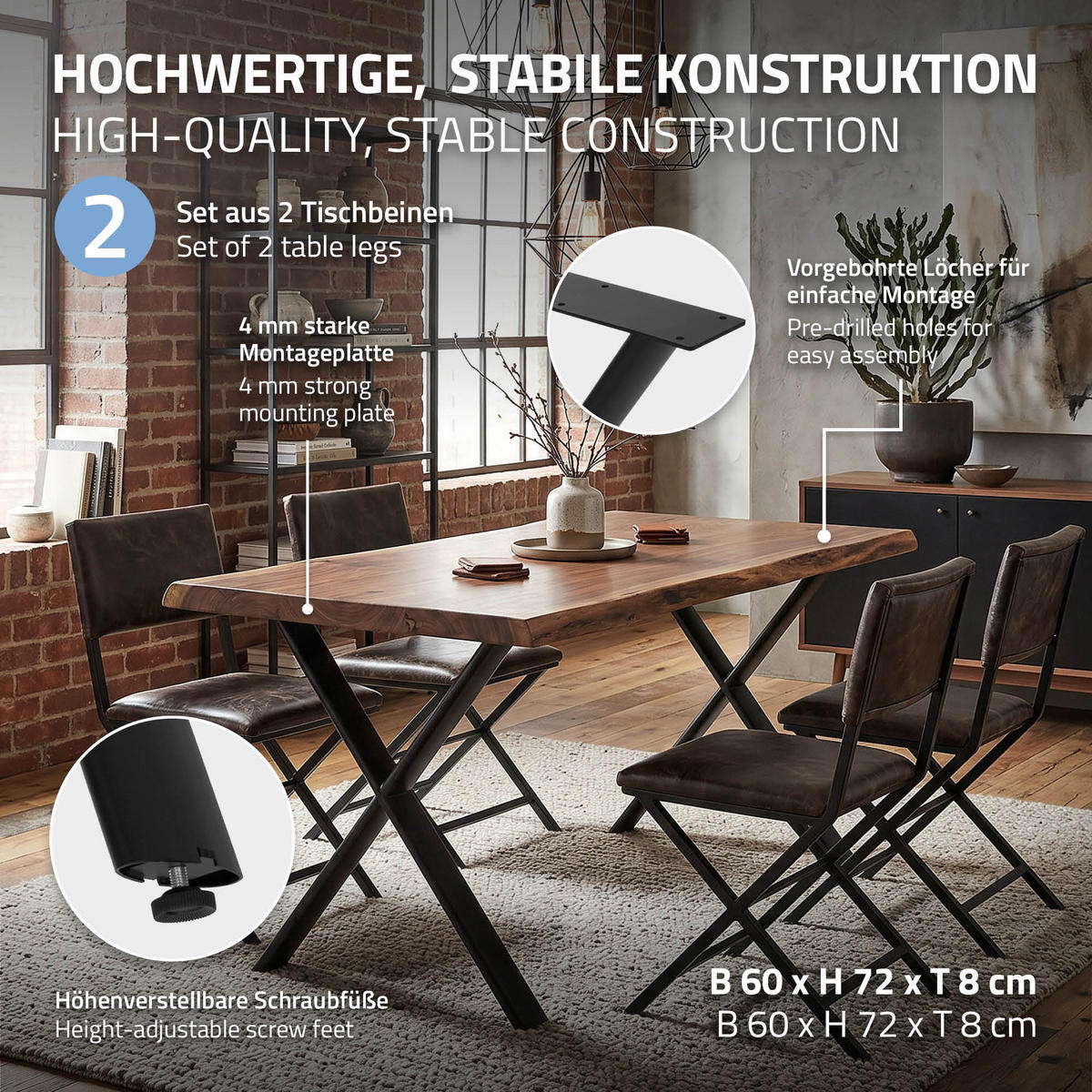 TISCHBEINE Metall Schwarz 2er Set 60x72 cm Oval Tischgestell aus Stahl X-Form - Schwarz, Metall (60/72/8cm) - ML-DESIGN