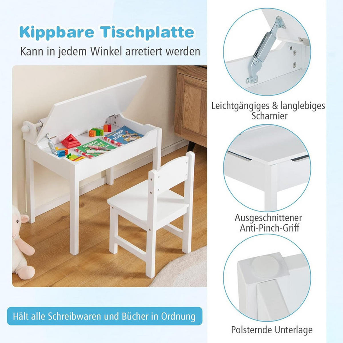 KINDERSCHREIBTISCH mit Stuhl weiß(2-tlg) - Weiß, Holzwerkstoff (66/58/40cm) - COSTWAY