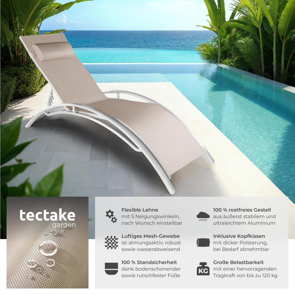 GARTENLIEGE 2er Set Alina,180 x 59 x 50 cm,beige - Beige, Kunststoff (59/81.5/180cm) - tectake