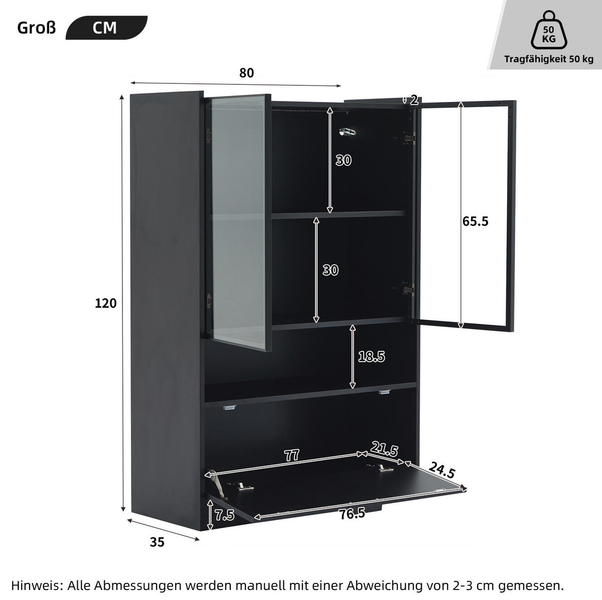 VITRINE 80/35/120 cm mit LED-Beleuchtung, Glastüren und Klapptür, Schwarz matt - Schwarz, Holzwerkstoff (80/120/35cm) - Redom