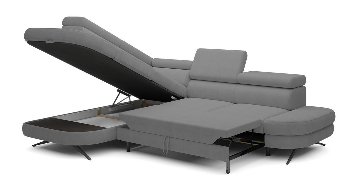 ECKSOFA OTIS L-förm, Schlaffunktion, verstellbare Kopfstützen, in AURORA-Stoff, lose Rückenkissen, freistehend, LINKS 218x276x97 cm Grey - Grau, Holz/Textil (218/276cm) - DomoHome