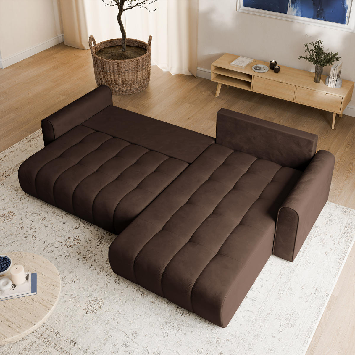 ECKSOFA FRIGA Braun Velours-Stoff mit Schlaffunktion - Braun, Holz (283/185cm) - MASSENO
