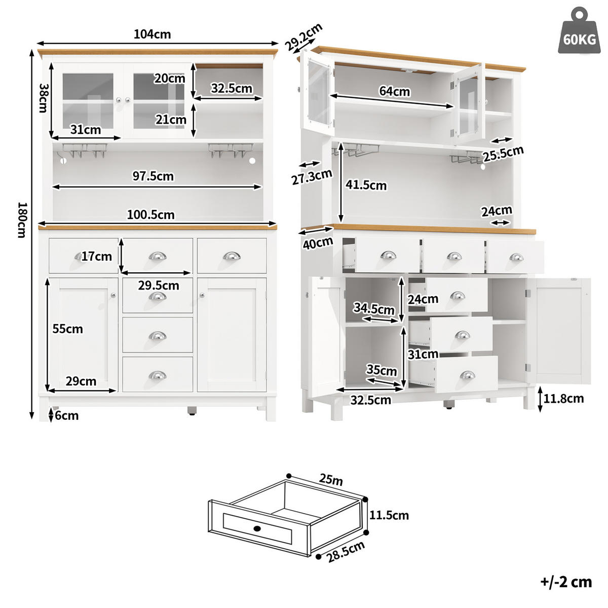 BUFFET 104/40/180 cm s LED osvětlením, velkým úložným prostorem a ochranou proti převrácení, Bílá - bílá, kompozitní dřevo (104/180/40cm) - Redom